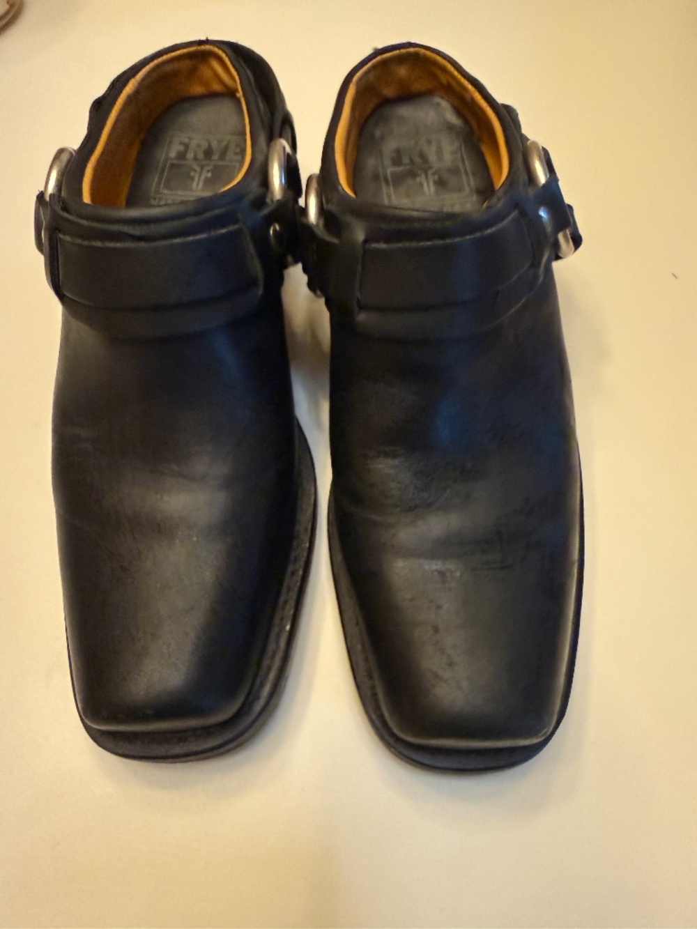 Vintage Frye Leather. Square Toe Belted Harness Mule Clogs Black 6.5M
